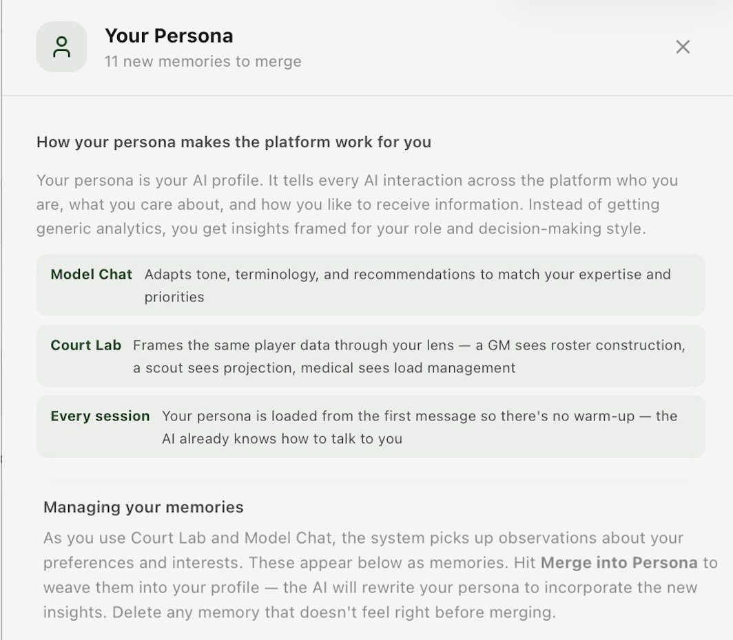 Your Persona panel — AI profile with mergeable memories
